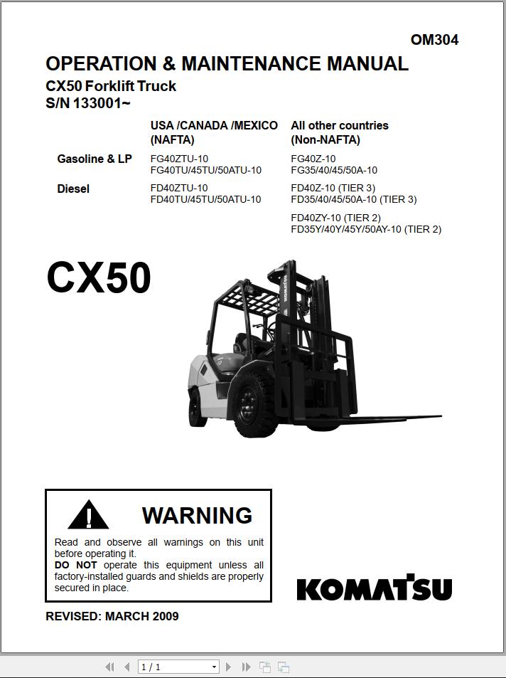 Komatsu Forklift FGD404550ATUZ 10 CX50 Service Parts Operation Manual