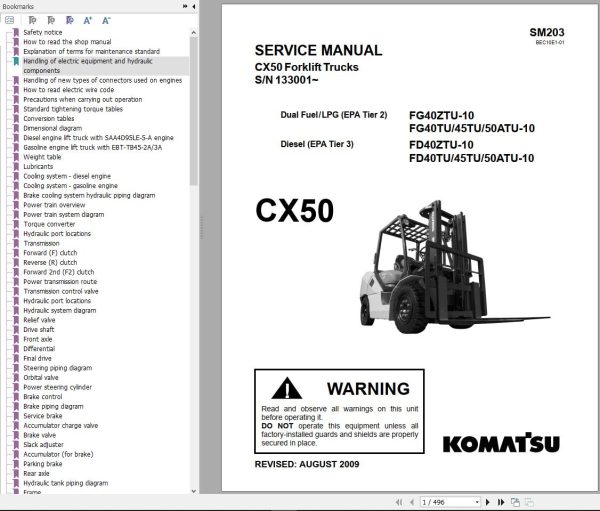 Komatsu Forklift FGD404550ATUZ 10 CX50 Service Parts Operation Manual 1