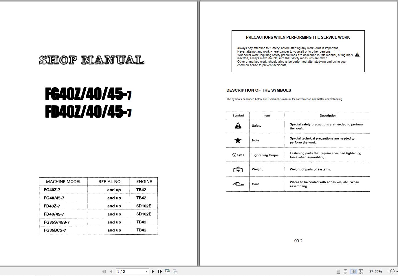 Komatsu Forklift FGD4045CTZ 7 CX Parts Shop Manual