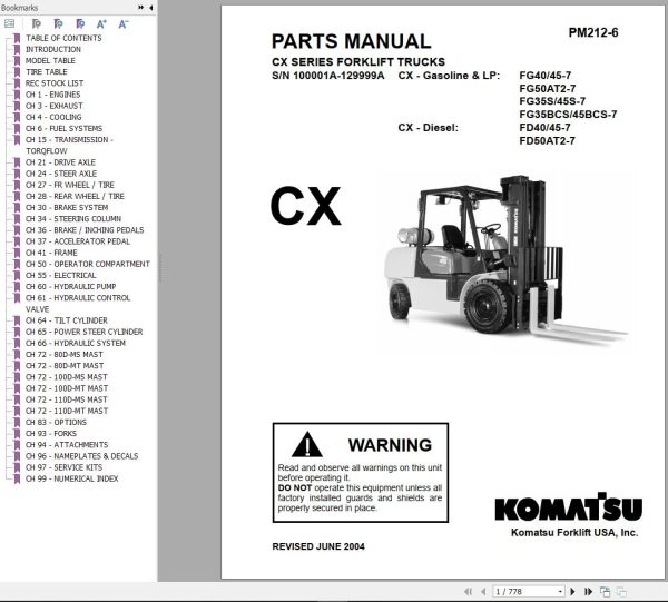 Komatsu Forklift FGD4045CTZ 7 CX Parts Shop Manual 1