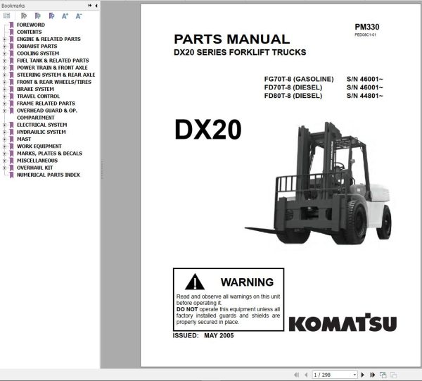 Komatsu Forklift FGD50607080ET 7 DX20 Shop Parts Manual