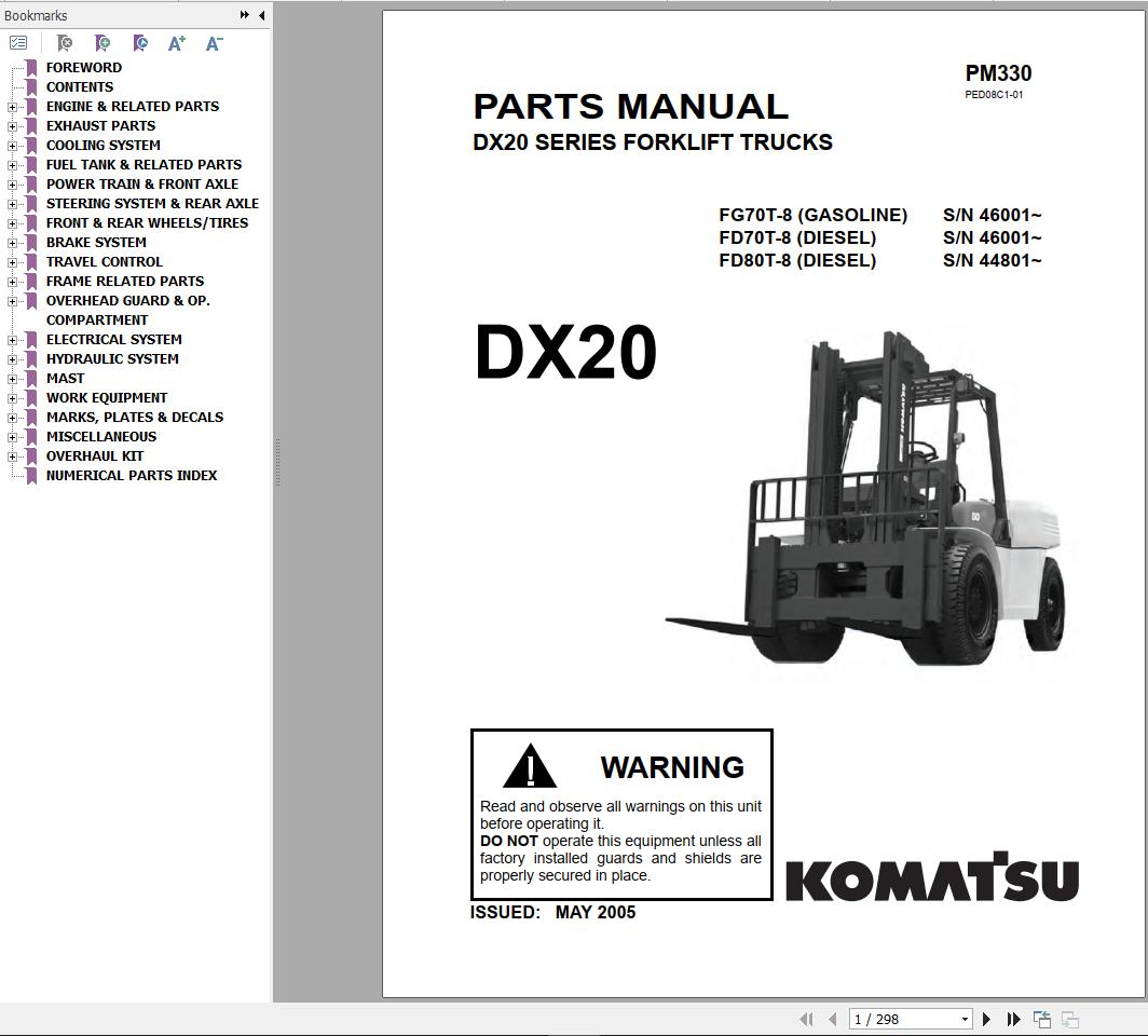 Komatsu Forklift FGD50607080ET 7 DX20 Shop Parts Manual