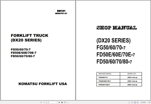 Komatsu Forklift FGD50607080ET 7 DX20 Shop Parts Manual 1