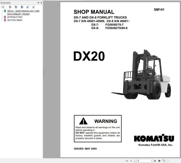 Komatsu Forklift FGD70 FD80 8 DX20 Parts Shop Manual
