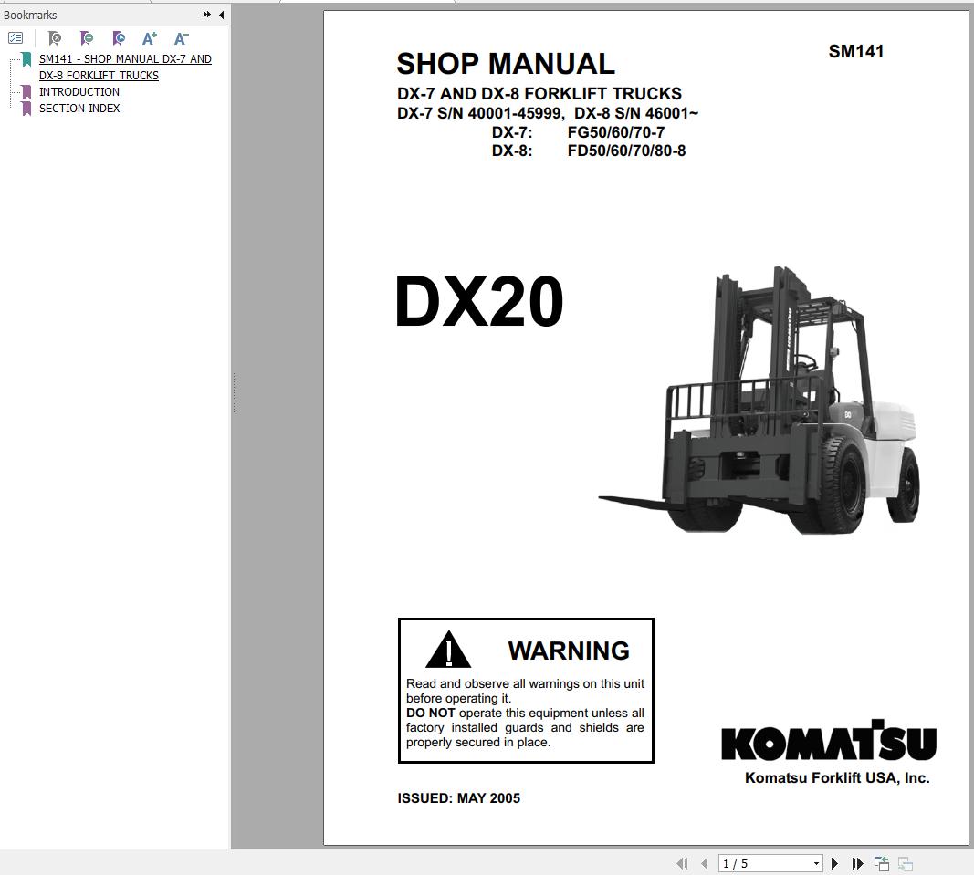 Komatsu Forklift FGD70 FD80 8 DX20 Parts Shop Manual