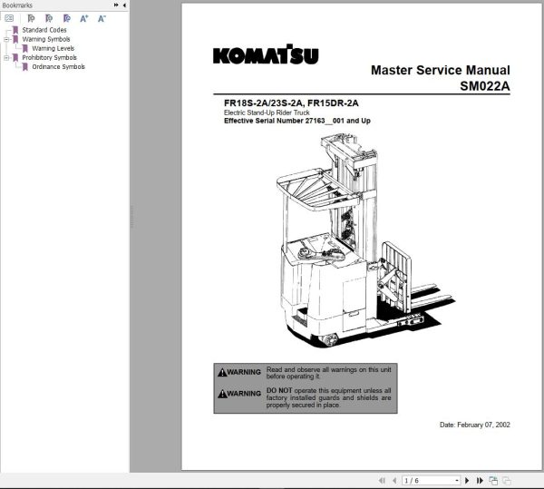 Komatsu Forklift FR18S 2A FR23S 2A FR15DR 2A Service Parts Manual