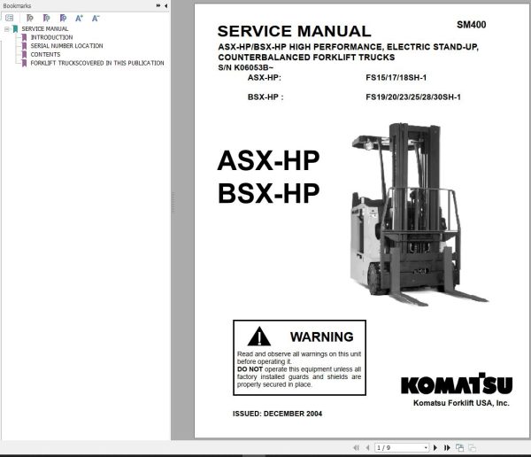 Komatsu Forklift FS15 to 30SH 1 ASX BSX Service Operation Manual