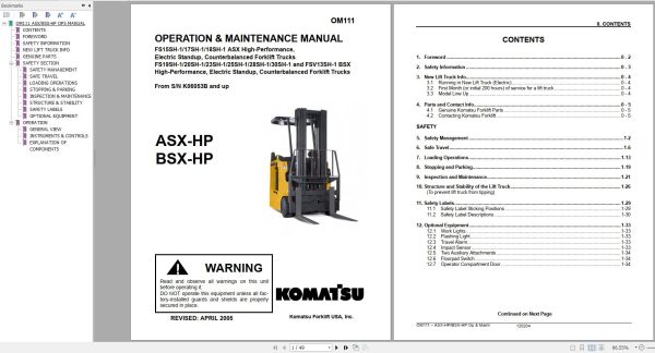 Komatsu Forklift FS1530SH 1 FSV13SH 1 ASX BSX Operation Maintenance Manual