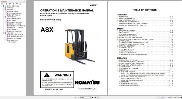 Komatsu Forklift FS15S18S 20S 1 ASX BSX Operation Maintenance Service Manual