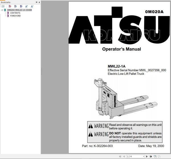 Komatsu Forklift MWL22 1A Operator Service Manual