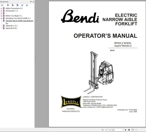 Landoll Bendi Forklift B3 B30 Service Parts Maintenance Operation Manual 1