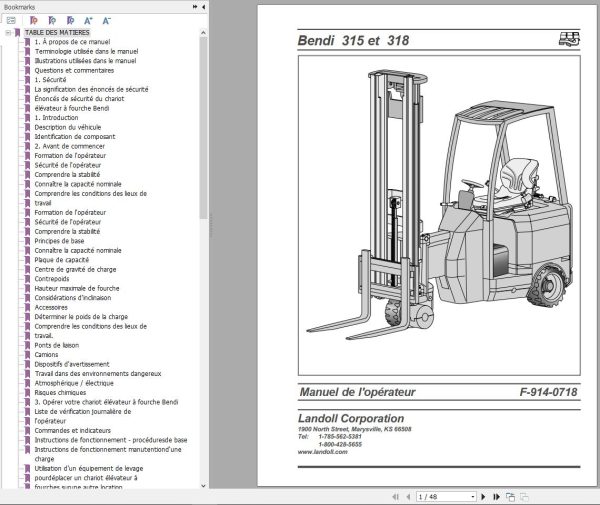 Landoll Bendi Forklift B314AC B315AC B318AC Operator Parts Manual 1