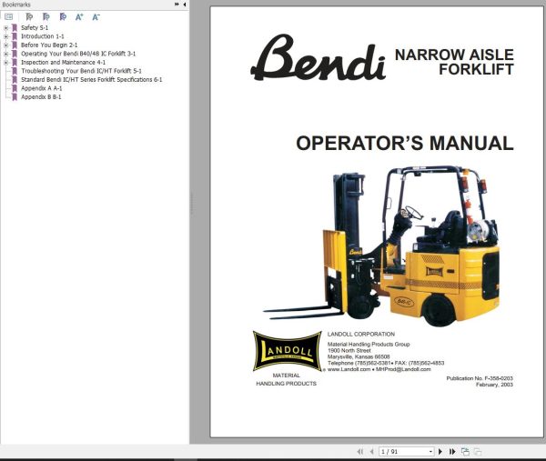 Landoll Bendi Forklift B40 IC Parts Operaion Manual 1
