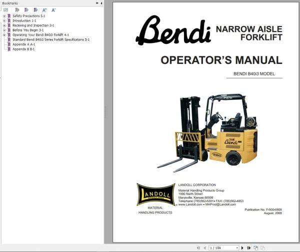 Landoll Bendi Forklift B40i3 Electrical Diagram Maintenance Operation Parts Manual 2