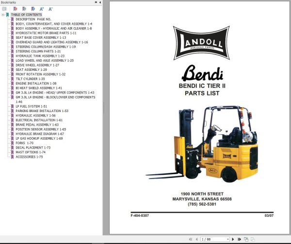 Landoll Bendi Forklift IC Tier II Parts Maintenance Operation Manual