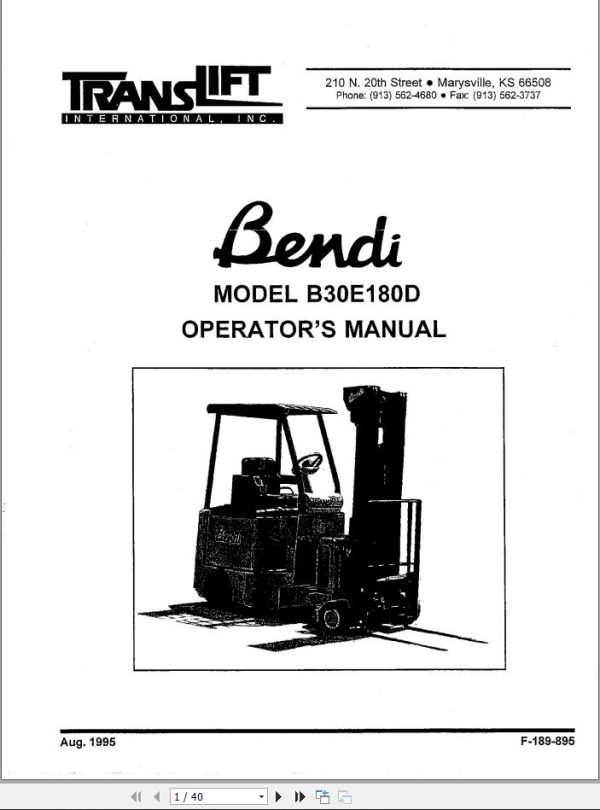 Landoll Bendi Forklift Series II Service Operator Parts Manual
