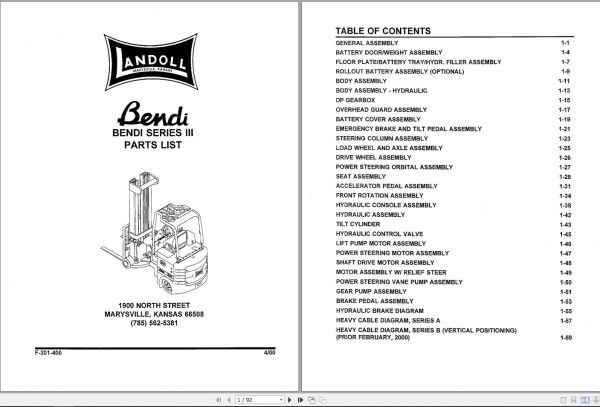 Landoll Bendi Forklift Series III Operation Maintenance Parts Manual