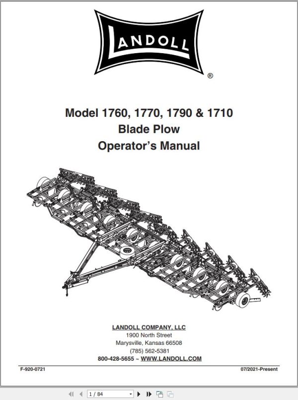 Landoll Blade Plow 1760 1770 1790 1710 Operator’s Manual F 920 0721
