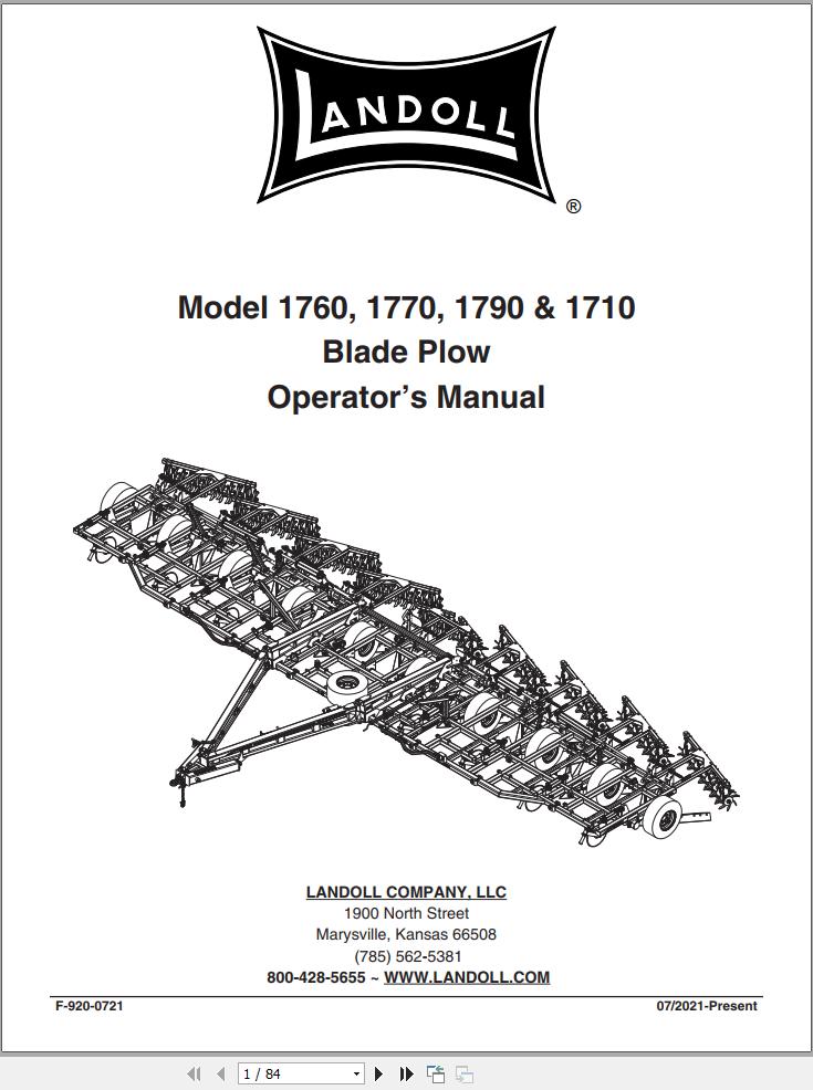 Landoll Blade Plow 1760 1770 1790 1710 Operator’s Manual F 920 0721