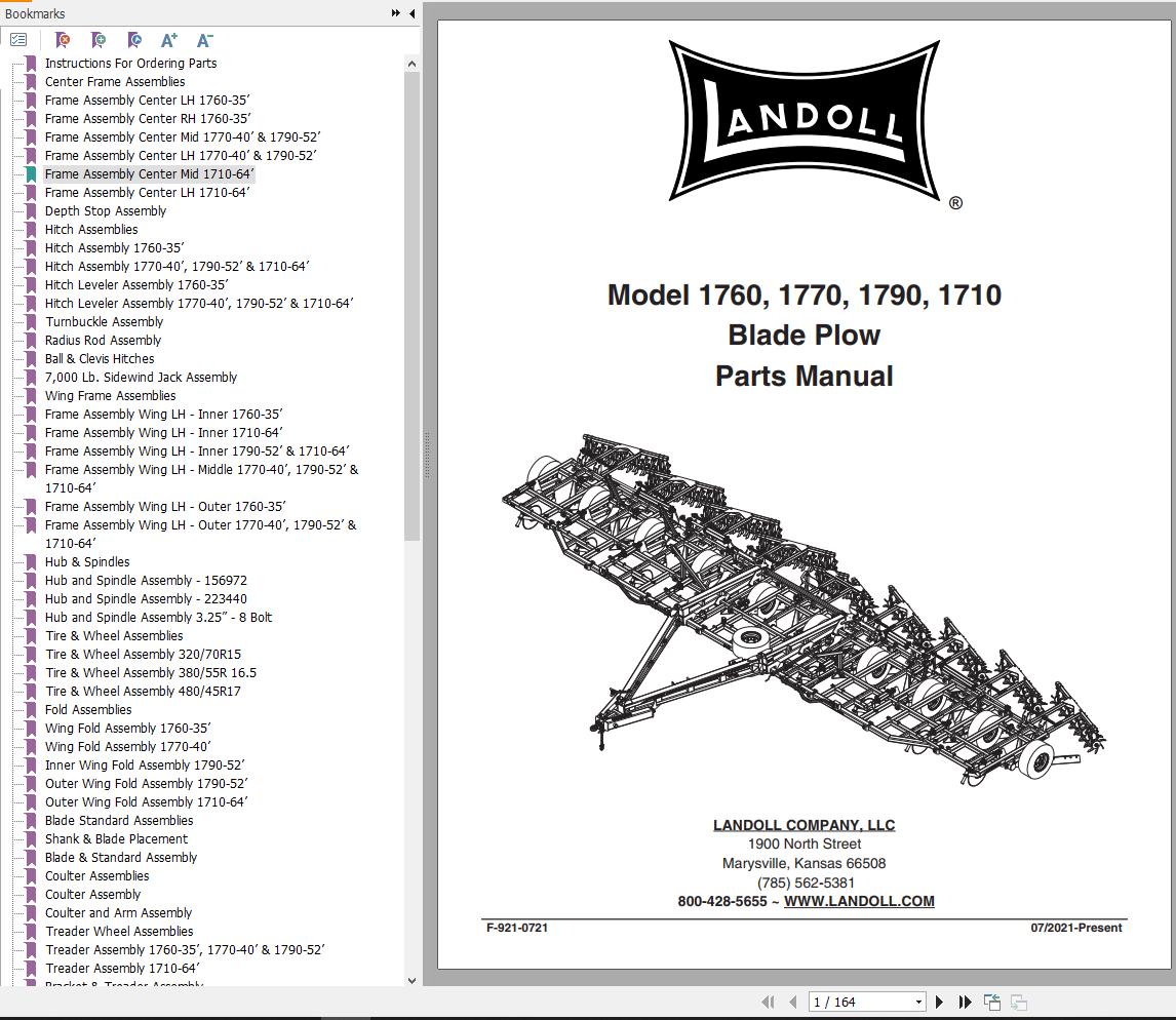 Landoll Blade Plow 1760 1770 1790 1710 Parts Manual F 921 0721
