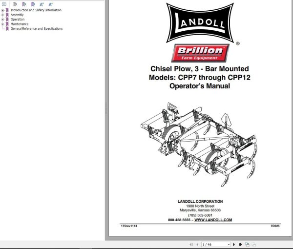 Landoll Chisel Plow CPP7 Through CPP12 Operator’s Manual 7D525