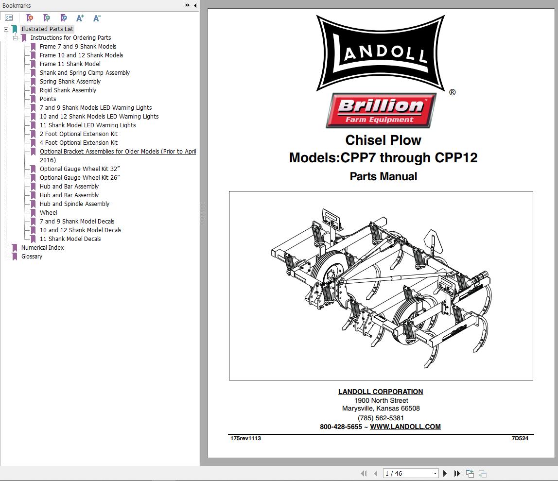 Landoll Chisel Plow CPP7 Through CPP12 Parts Manual 7D524