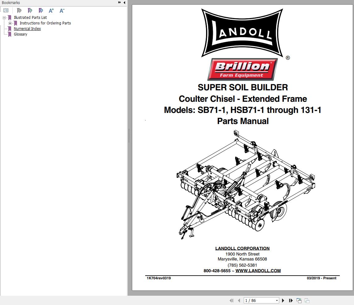 Landoll Coulter Chisel SB71 1 HSB71 1 to HSB131 1 Part Manual 1K704rev0319