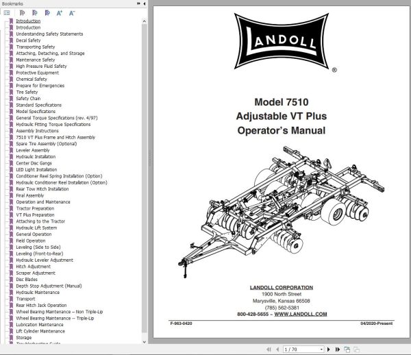 Landoll Disc 7510 Adjustable VT Plus Operators Manual F 963 0420