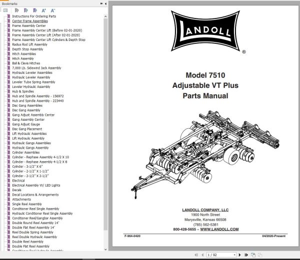 Landoll Disc 7510 Adjustable VT Plus Parts Manual F 964 0420