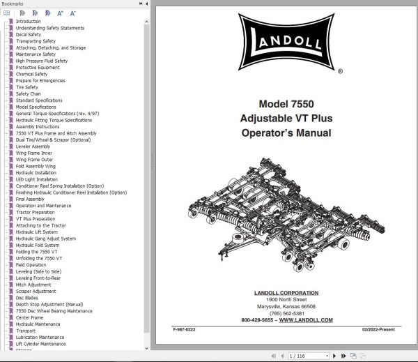 Landoll Disc 7550 Adjustable VT Plus Operators Manual F 987 0222
