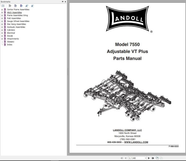 Landoll Disc 7550 Adjustable VT Plus Parts Manual F 988 0222