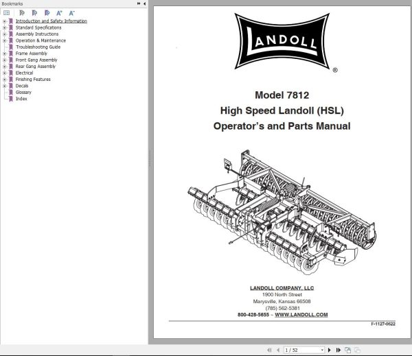 Landoll Disc 7812 High Speed Landoll HSL Operator’s And Parts Manual F 1127 0622