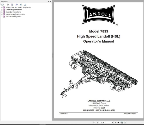 Landoll Disc 7833 High Speed Landoll HSL Operator’s Manual F 894 0919