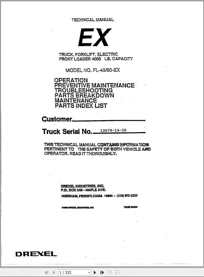 Landoll Drexel Forklift FL40EX FL60EX Parts Service Technical Operator Manual