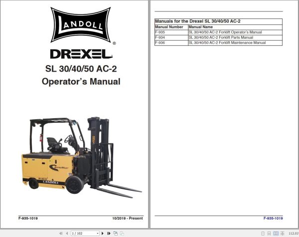 Landoll Drexel Forklift SL30AC 2 SL40AC 2 SL50AC 2 Parts Maintenance Operation Manual 1