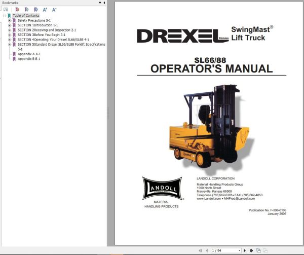Landoll Drexel Forklift SL66 SL77 SL88 Parts Service Technical Manual 1