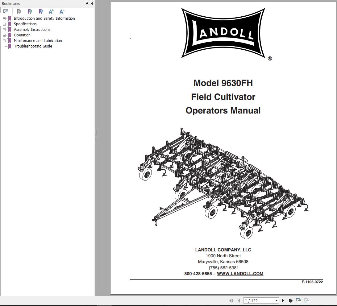 Landoll Field Cultivator 9630FH Operators Manual F 1105 0722