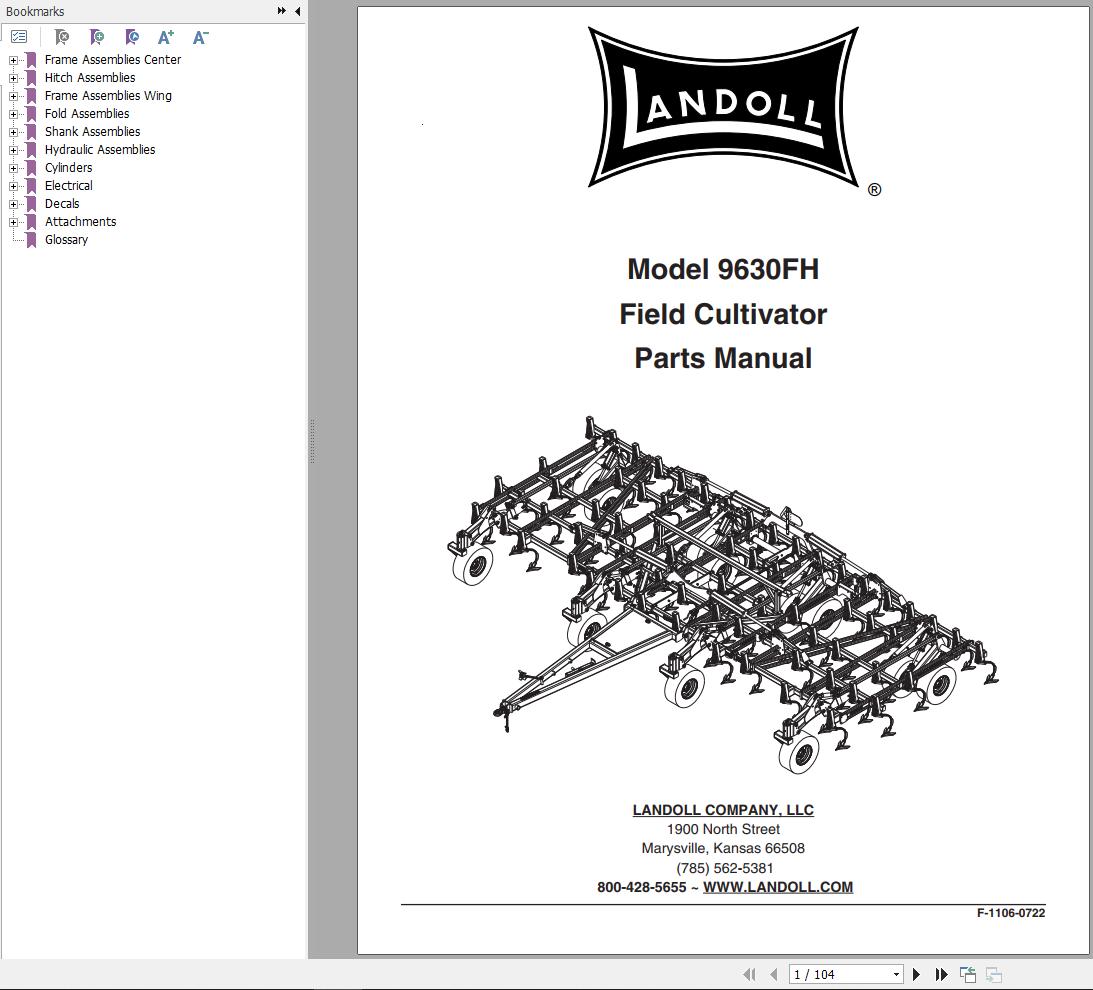 Landoll Field Cultivator 9630FH Parts Manual F 1106 0722
