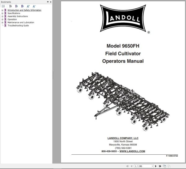 Landoll Field Cultivator 9650FH Operator’s Manual F 1090 0722