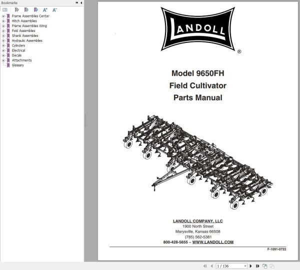 Landoll Field Cultivator 9650FH Parts Manual F 1091 0722