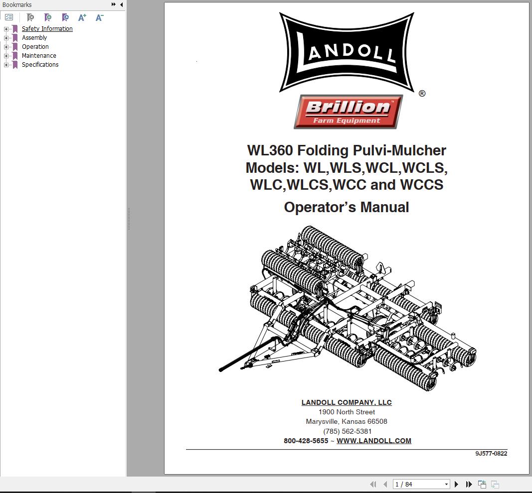 Landoll Folding Pulvi Mulcher WL360 Operator’s Manual 9J577 0822