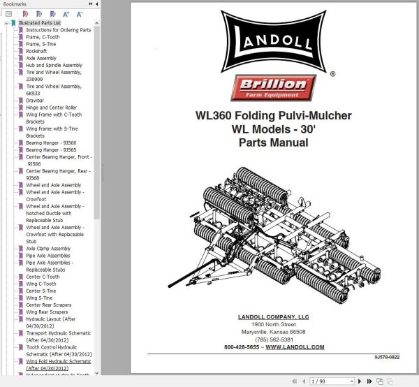 Landoll Folding Pulvi Mulcher WL360 Parts Manual 9J578 0822