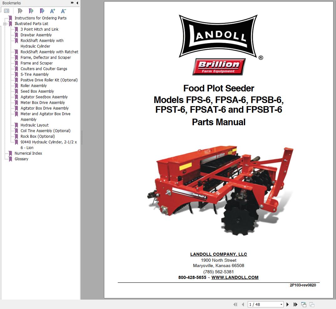 Landoll Food Plot Seeder FPS6 to FPSBT6 Parts Manual 2P103rev0820