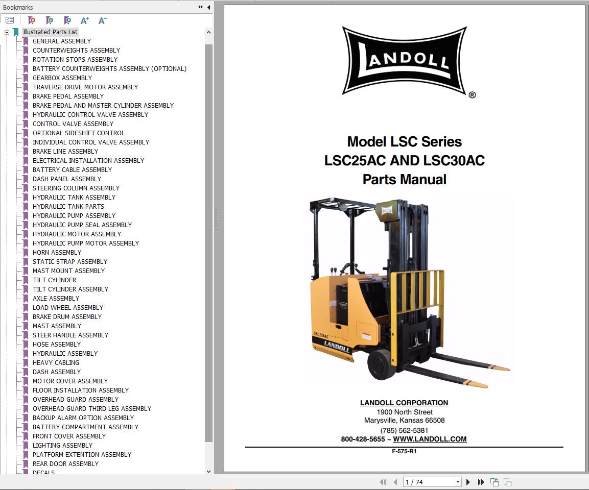 Landoll Forklift LSC25AC LSC30AC Maintenance Operator Parts Manual