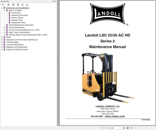 Landoll Forklift SLC25AC HD SLC30AC HD Series 2 Operator Maintenance Parts Manual 1