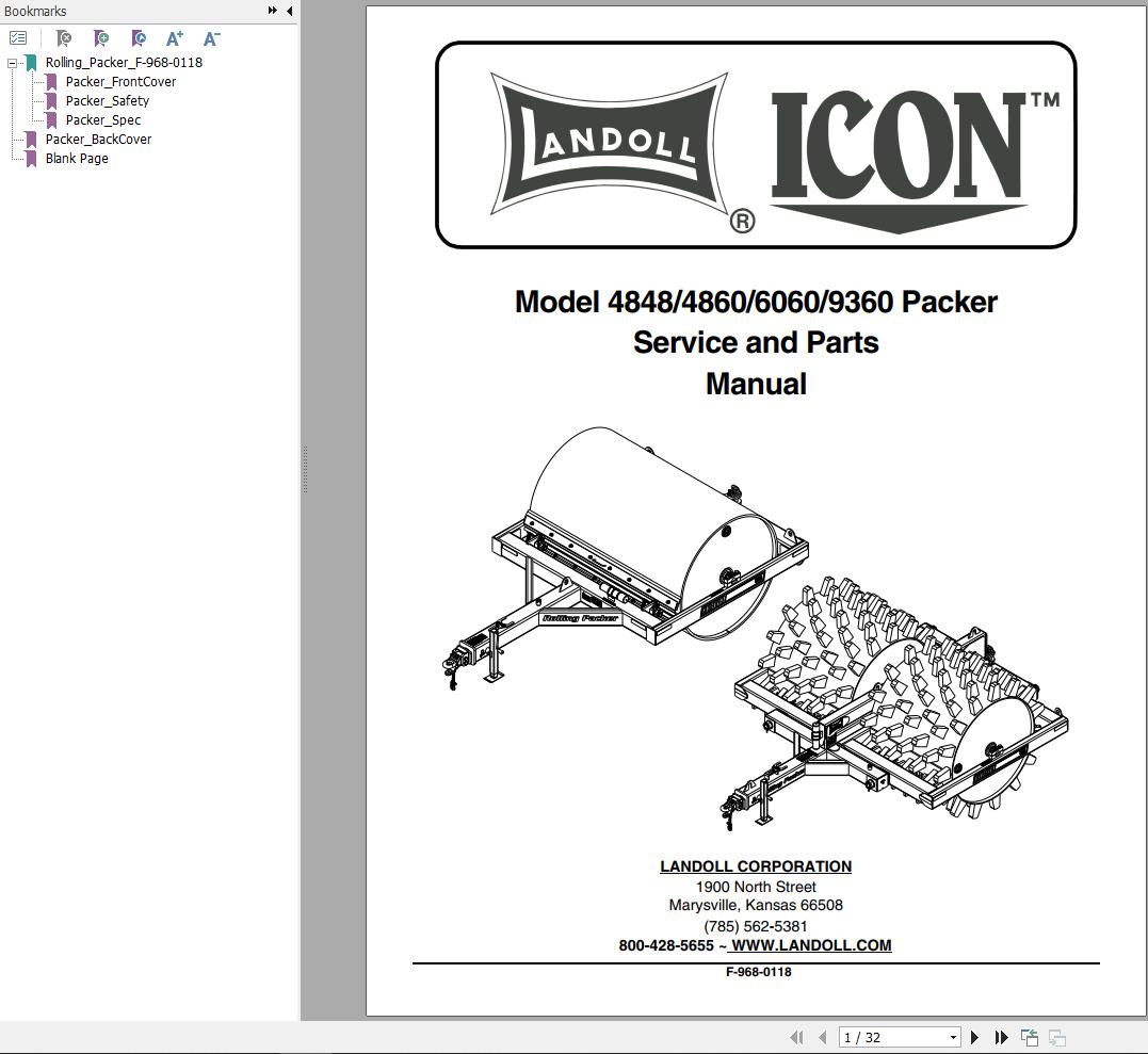 Landoll Icon Packer 4848 To 9360 Service and Parts Manual F 968 0118