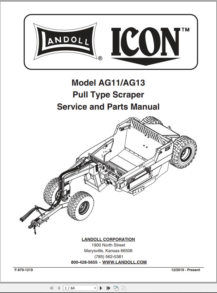 Landoll Icon Pull Type Scraper AG11 AG13 Service Parts Manual F 879 1219