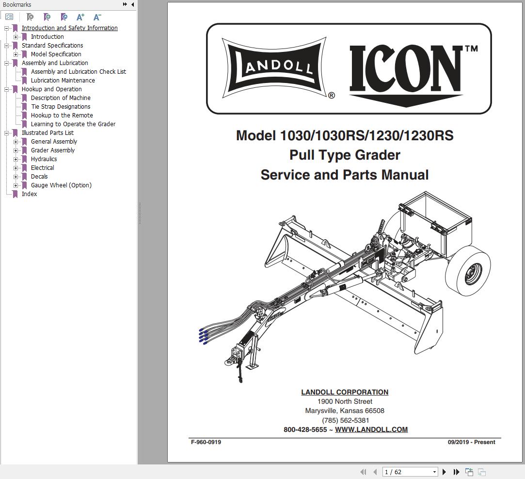 Landoll Icon Pull Typed Grader 1030 1030RS 1230 1230RS Service Parts Manual