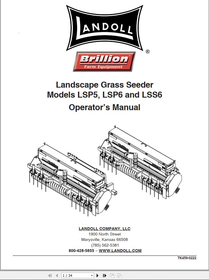 Landoll Landscape Grass Seeder LSP5 LSP6 LSS6 Operator’s Manual 7K458 0222