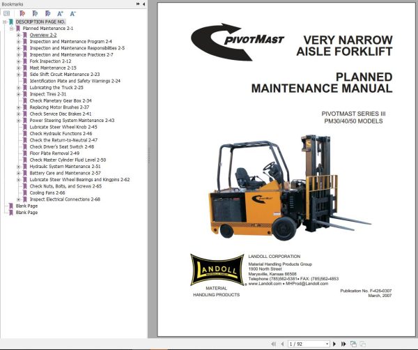 Landoll Pivotmast Forklift Series III Operation Maintenance Parts Technical Manual 1